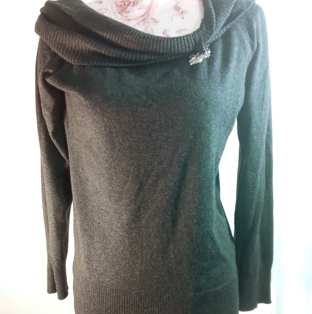 AB Studio Women's Large Novelty Trimmed Pullover Sweater long sleeve Charcoal
